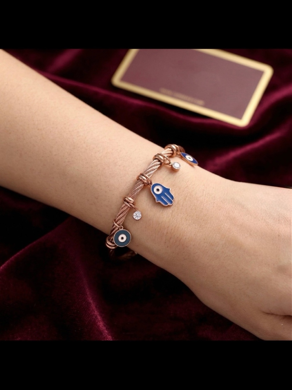 Gold Hamsa and Evil Eye Bracelet with Blue Enamel Charms